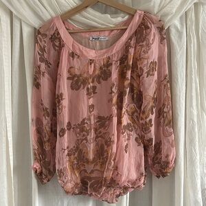 Vintage Y2K 100% Silk Pink Floral Sheer Blouse